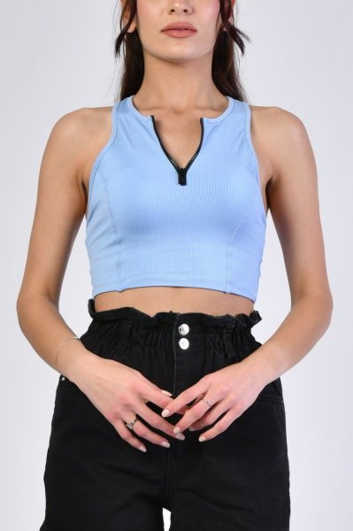 Fermuarlı Crop Bluz  - Mavi Mavi - S