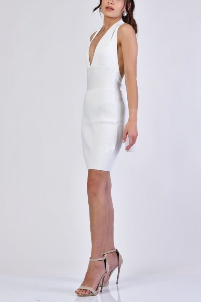 Boyundan Geçmeli Arkası Bağcıklı Elbise  - Beyaz Beyaz - Standart