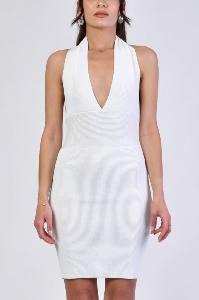 Boyundan Geçmeli Arkası Bağcıklı Elbise  - Beyaz Beyaz - Standart