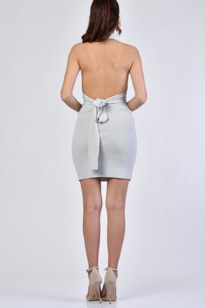 Boyundan Geçmeli Arkası Bağcıklı Elbise  - Gri Gri - Standart