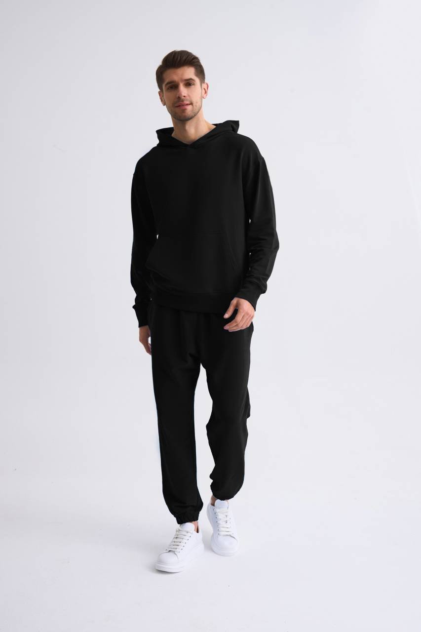 Organik Kapüşonlu Uzun Kollu Erkek Sweatshirt - Siyah Siyah - M