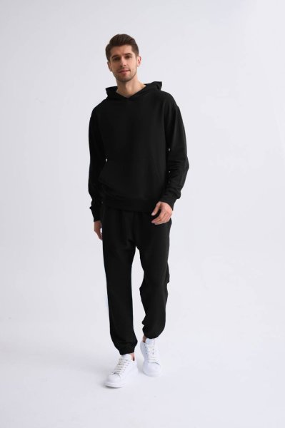 Organik Kapüşonlu Uzun Kollu Erkek Sweatshirt - Siyah Siyah - M
