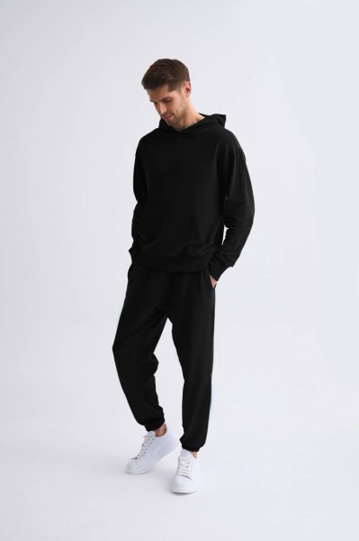 Organik Kapüşonlu Uzun Kollu Erkek Sweatshirt - Siyah Siyah - M
