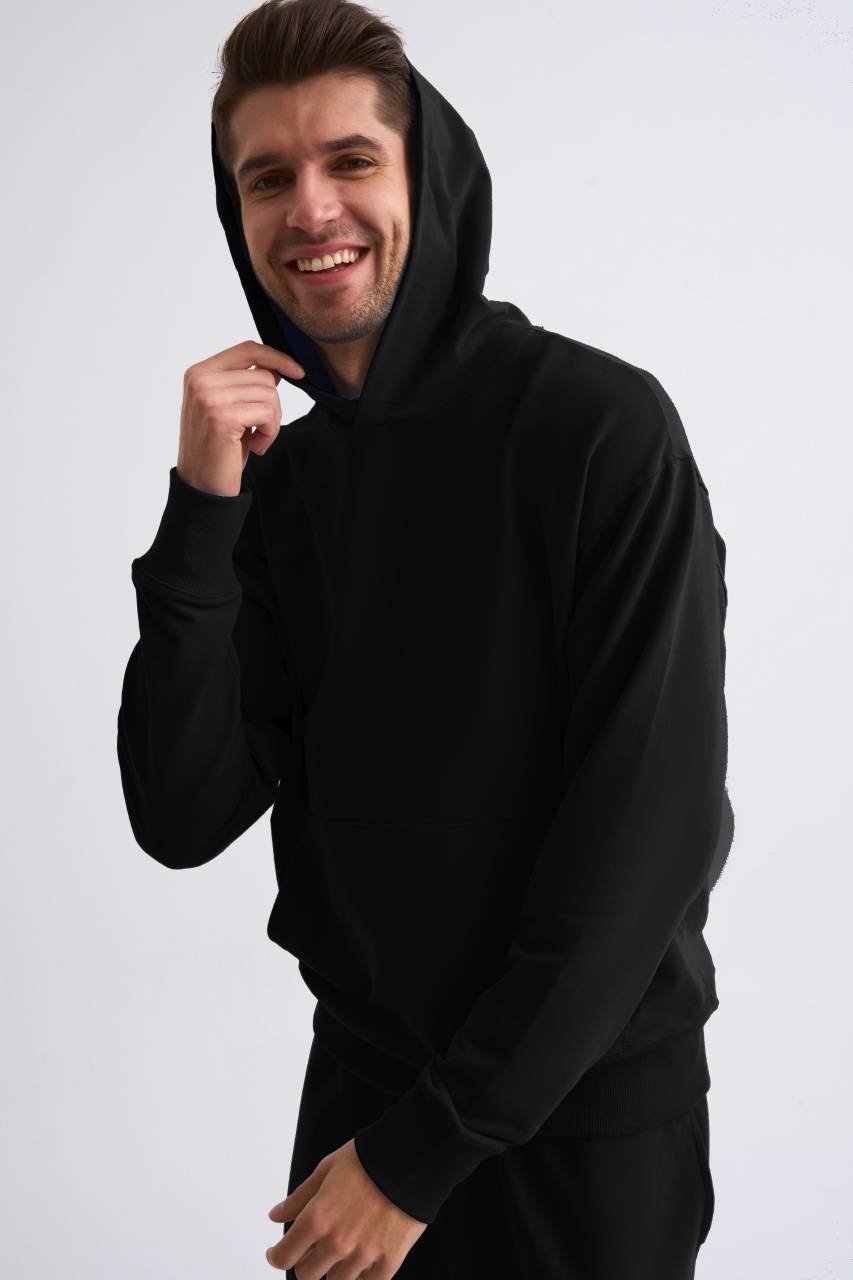 Organik Kapüşonlu Uzun Kollu Erkek Sweatshirt - Siyah Siyah - M