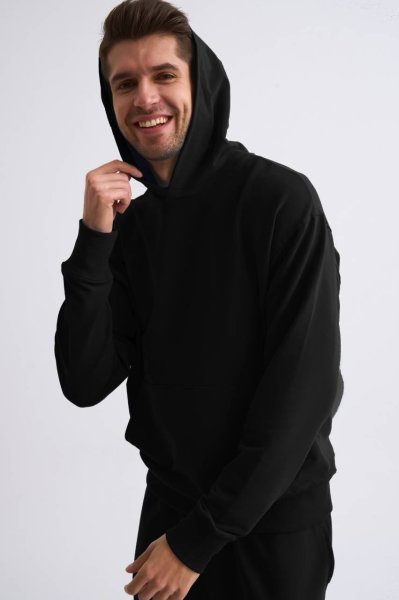 Organik Kapüşonlu Uzun Kollu Erkek Sweatshirt - Siyah Siyah - M