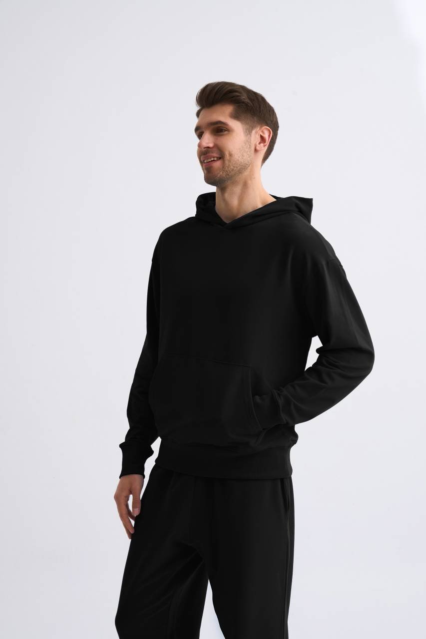 Organik Kapüşonlu Uzun Kollu Erkek Sweatshirt - Siyah Siyah - XL