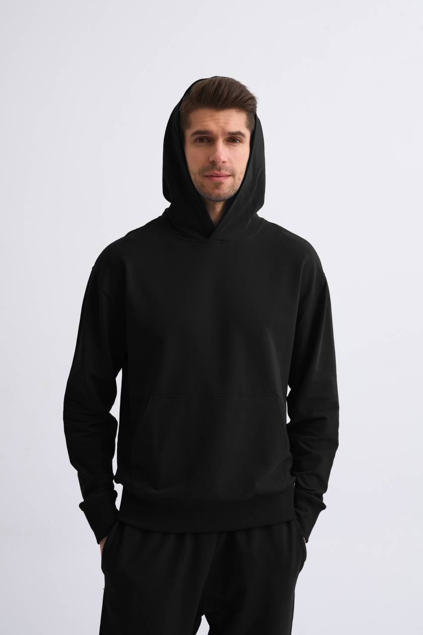 Organik Kapüşonlu Uzun Kollu Erkek Sweatshirt - Siyah Siyah - XL