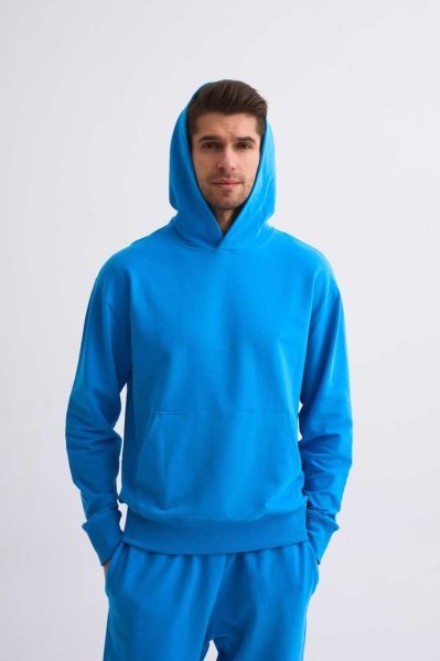 Organik Kapüşonlu Uzun Kollu Erkek Sweatshirt - Mavi Mavi - L
