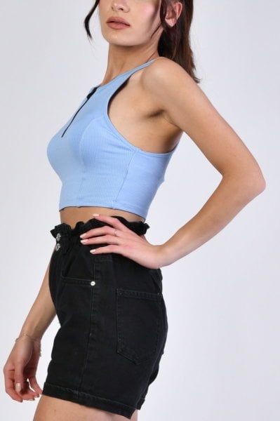 Fermuarlı Crop Bluz  - Mavi Mavi - M