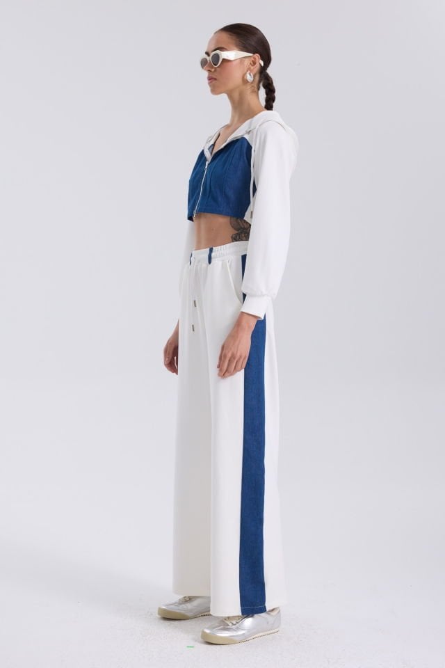 WhatsUp Denim Detaylı Kapşonlu Crop Eşofman Takım - Mavi-Beyaz