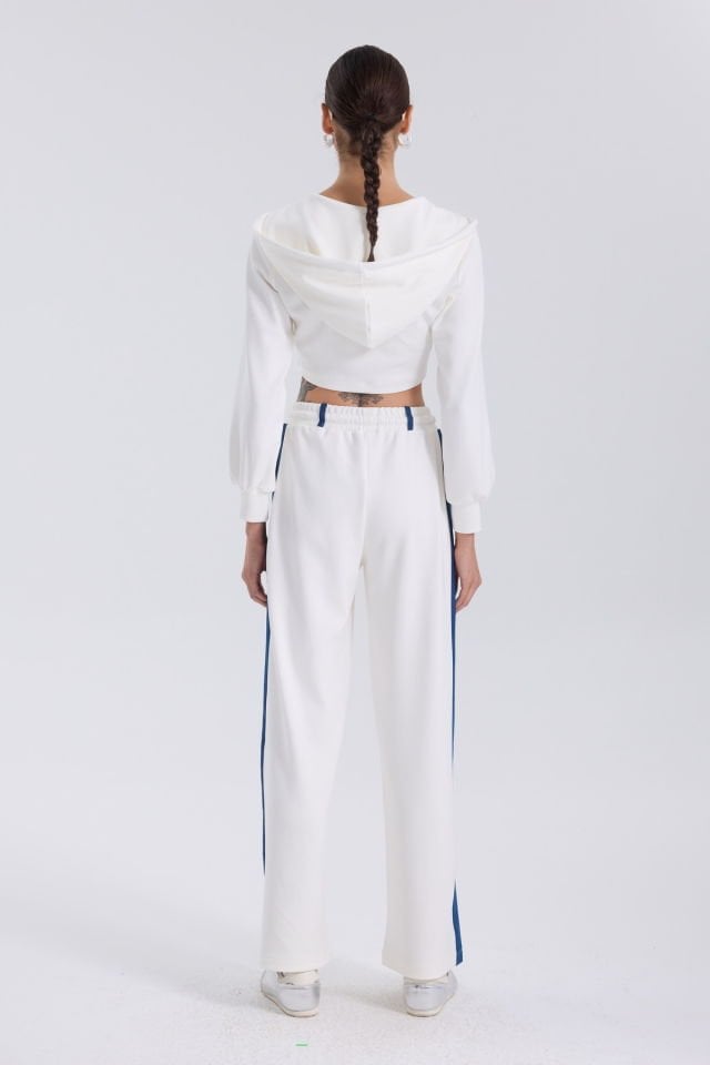 WhatsUp Denim Detaylı Kapşonlu Crop Eşofman Takım - Mavi-Beyaz