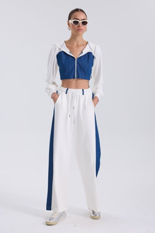 WhatsUp Denim Detaylı Kapşonlu Crop Eşofman Takım - Mavi-Beyaz