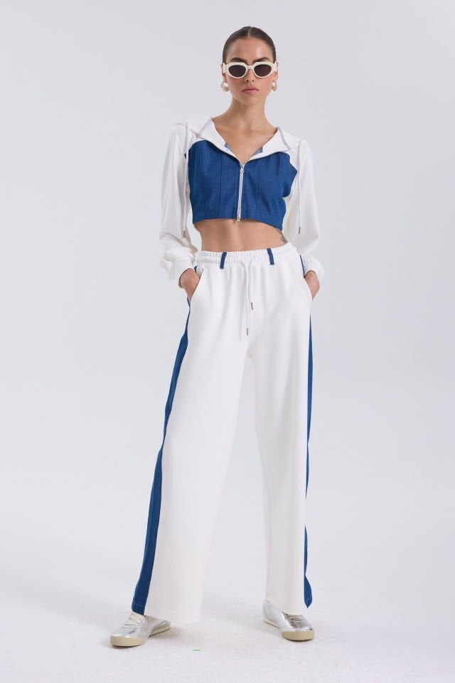 WhatsUp Denim Detaylı Kapşonlu Crop Eşofman Takım - Mavi-Beyaz