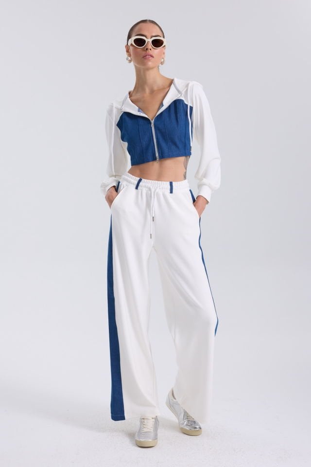 WhatsUp Denim Detaylı Kapşonlu Crop Eşofman Takım - Mavi-Beyaz