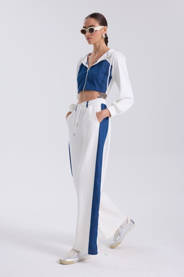 WhatsUp Denim Detaylı Kapşonlu Crop Eşofman Takım - Mavi-Beyaz