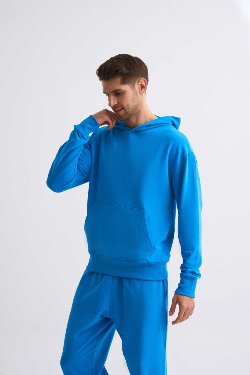 Organik Kapüşonlu Uzun Kollu Erkek Sweatshirt - Mavi Mavi - S