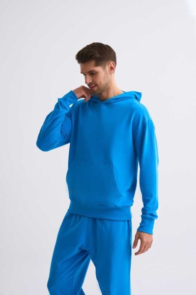 Organik Kapüşonlu Uzun Kollu Erkek Sweatshirt - Mavi Mavi - S