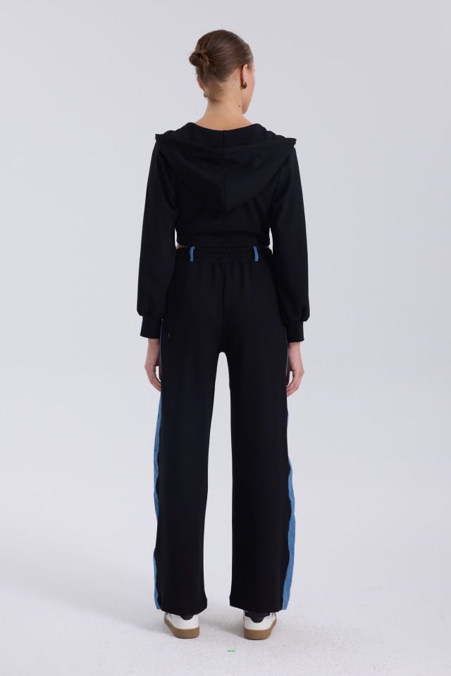 WhatsUp Denim Detaylı Kapşonlu Crop Eşofman Takım - Mavi-Siyah