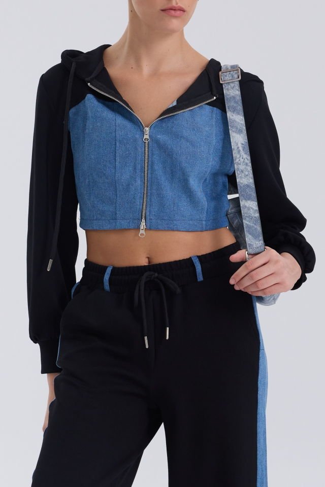 WhatsUp Denim Detaylı Kapşonlu Crop Eşofman Takım - Mavi-Siyah