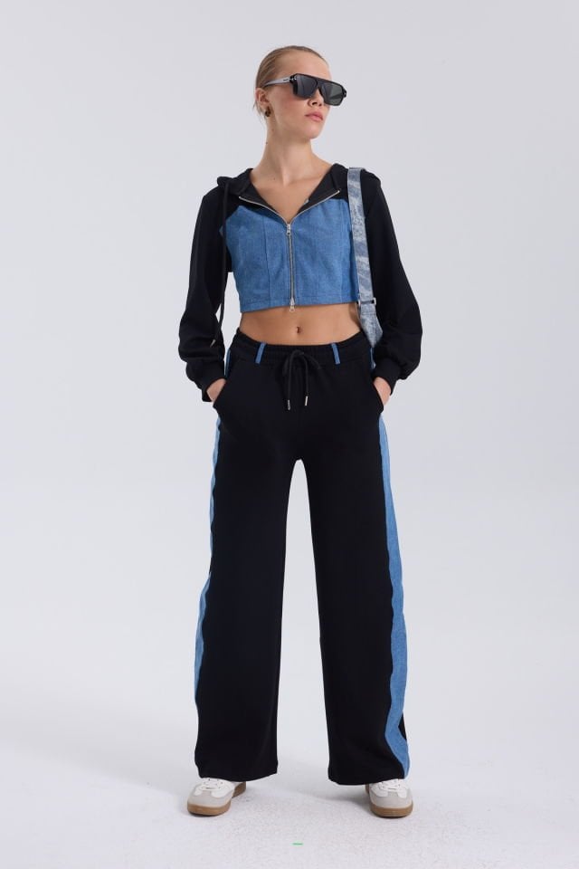 WhatsUp Denim Detaylı Kapşonlu Crop Eşofman Takım - Mavi-Siyah