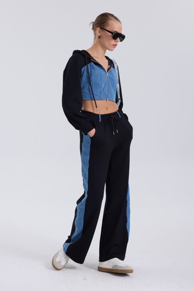 WhatsUp Denim Detaylı Kapşonlu Crop Eşofman Takım - Mavi-Siyah
