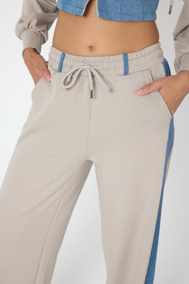 WhatsUp Denim Detaylı Kapşonlu Crop Eşofman Takım - Mavi-Bej