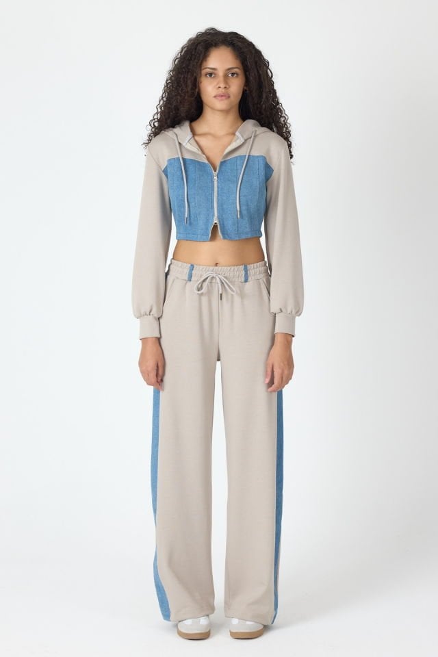 WhatsUp Denim Detaylı Kapşonlu Crop Eşofman Takım - Mavi-Bej