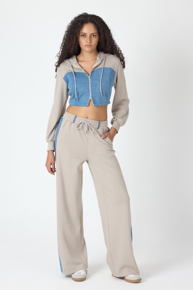 WhatsUp Denim Detaylı Kapşonlu Crop Eşofman Takım - Mavi-Bej
