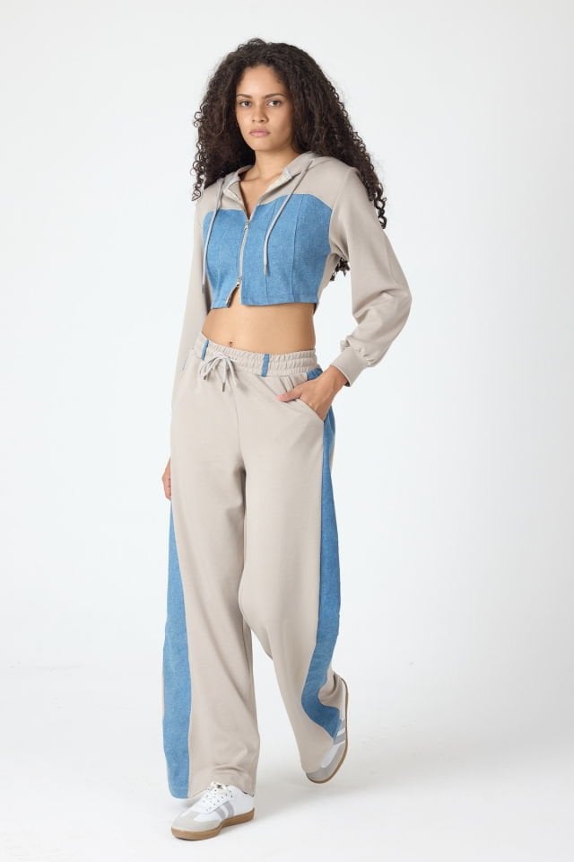WhatsUp Denim Detaylı Kapşonlu Crop Eşofman Takım - Mavi-Bej