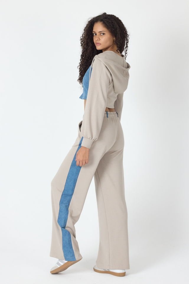 WhatsUp Denim Detaylı Kapşonlu Crop Eşofman Takım - Mavi-Bej