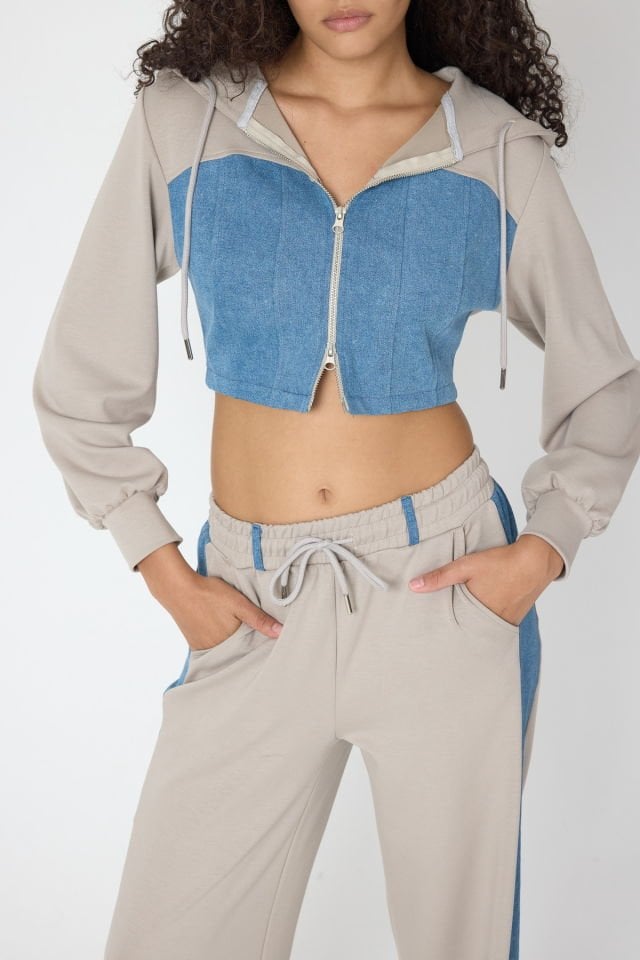 WhatsUp Denim Detaylı Kapşonlu Crop Eşofman Takım - Mavi-Bej