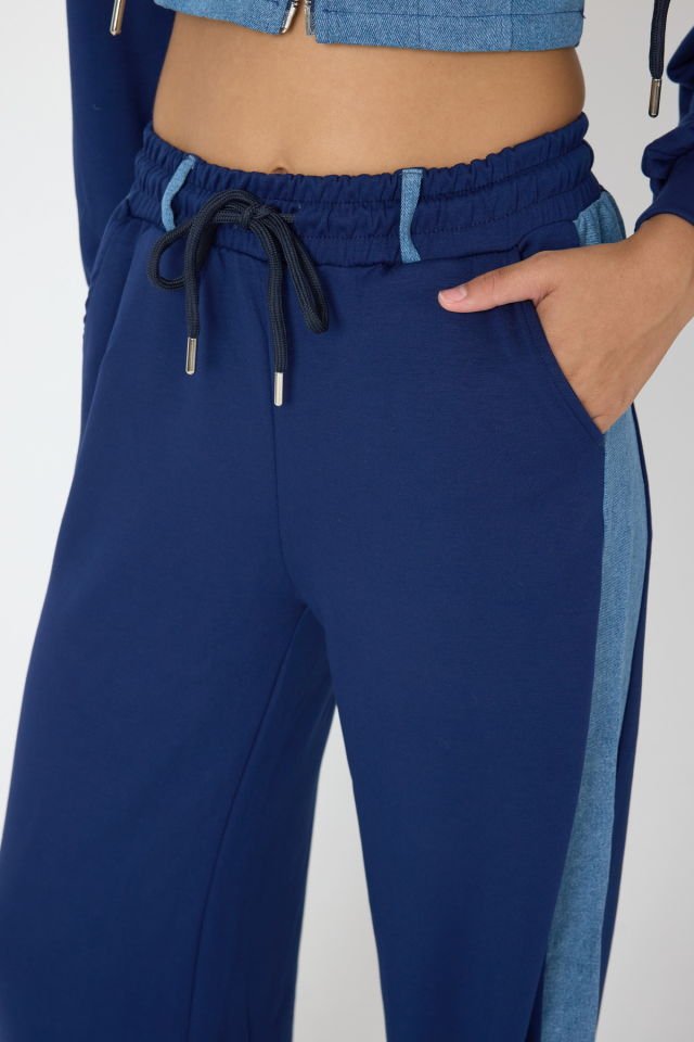 WhatsUp Denim Detaylı Kapşonlu Crop Eşofman Takım - Mavi-Lacivert