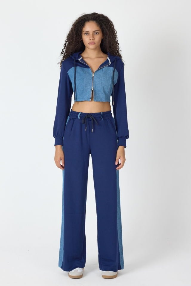 WhatsUp Denim Detaylı Kapşonlu Crop Eşofman Takım - Mavi-Lacivert