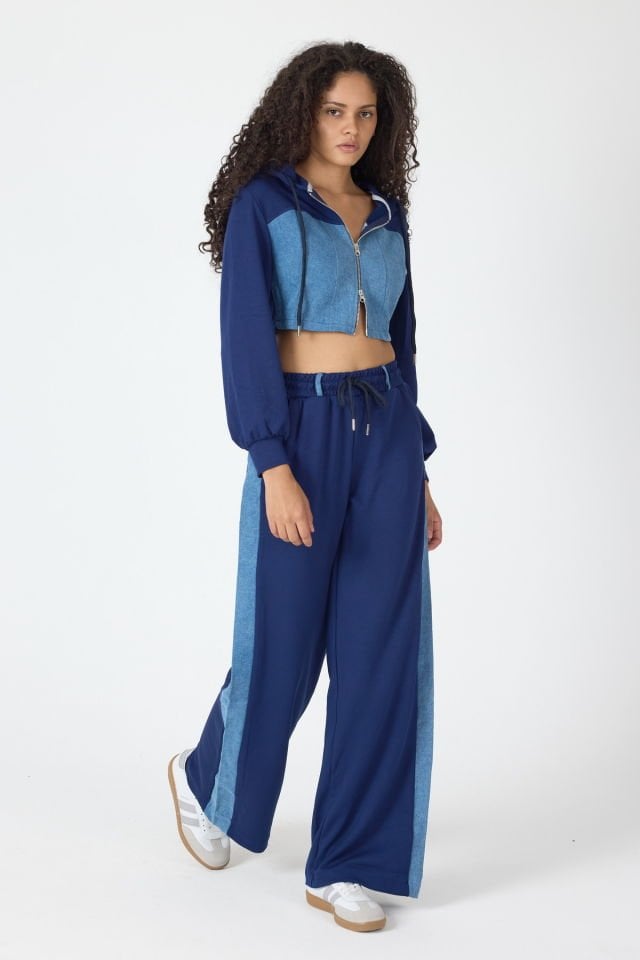 WhatsUp Denim Detaylı Kapşonlu Crop Eşofman Takım - Mavi-Lacivert