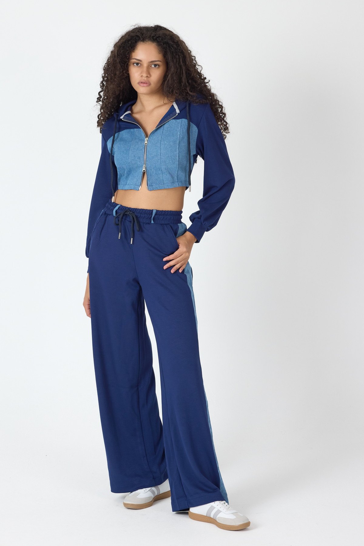 WhatsUp Denim Detaylı Kapşonlu Crop Eşofman Takım - Mavi-Lacivert