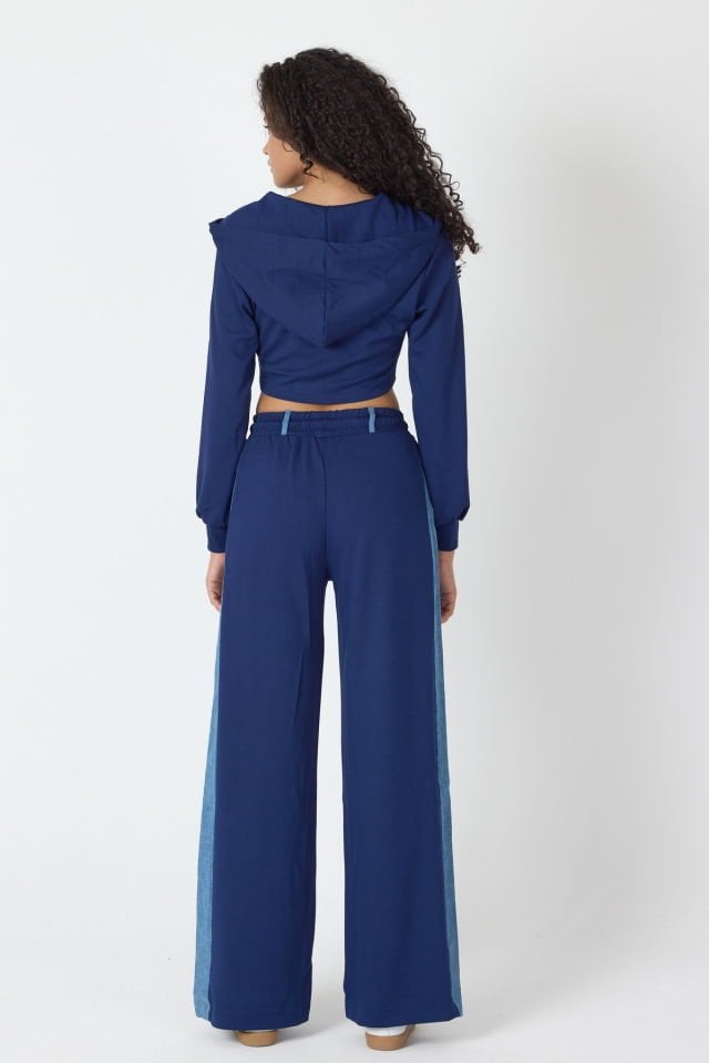 WhatsUp Denim Detaylı Kapşonlu Crop Eşofman Takım - Mavi-Lacivert
