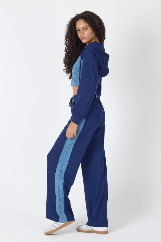 WhatsUp Denim Detaylı Kapşonlu Crop Eşofman Takım - Mavi-Lacivert