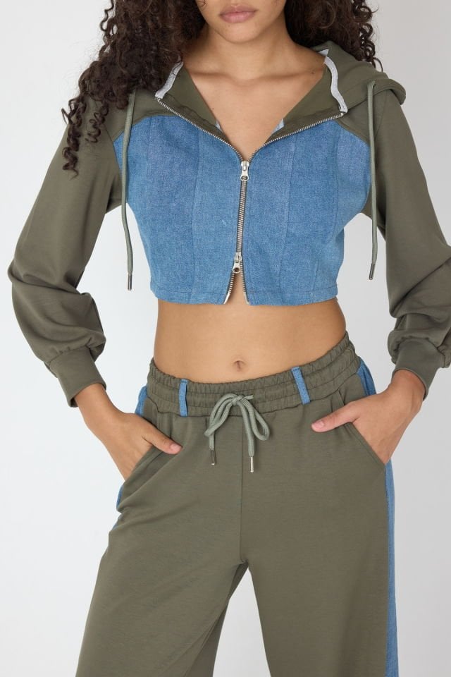 WhatsUp Denim Detaylı Kapşonlu Crop Eşofman Takım - Mavi-Yeşil