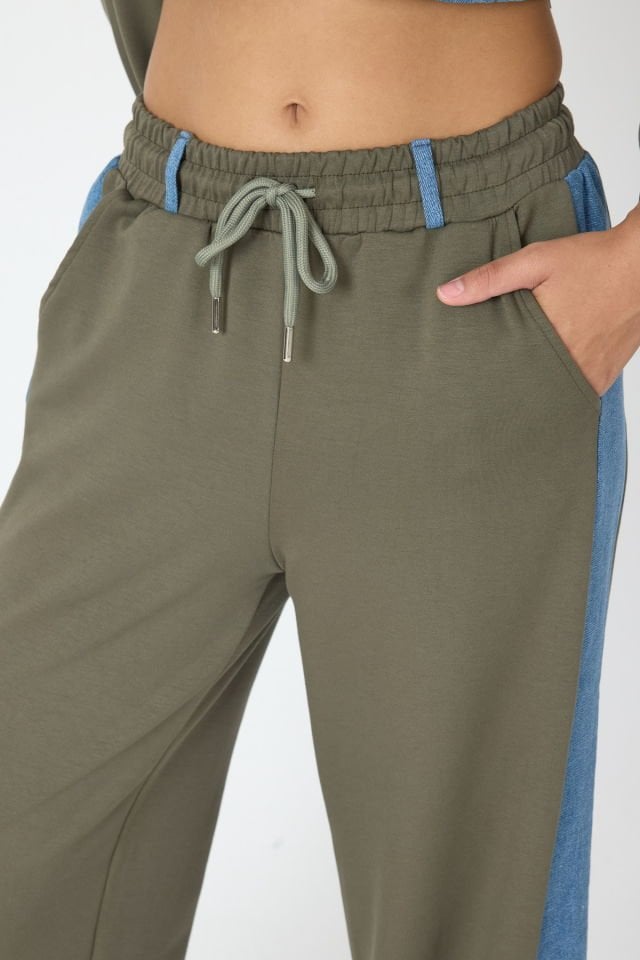 WhatsUp Denim Detaylı Kapşonlu Crop Eşofman Takım - Mavi-Yeşil