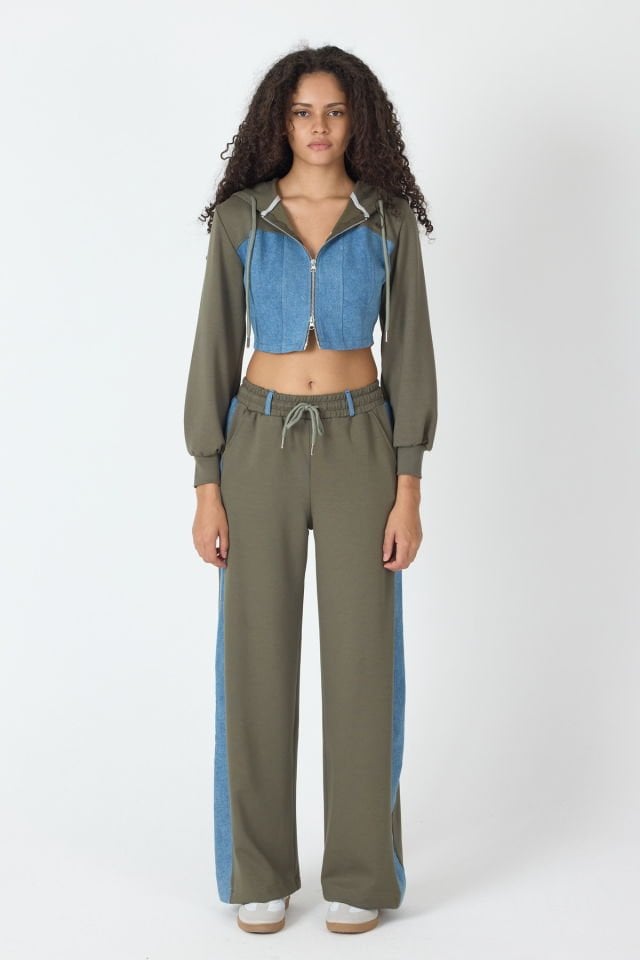 WhatsUp Denim Detaylı Kapşonlu Crop Eşofman Takım - Mavi-Yeşil