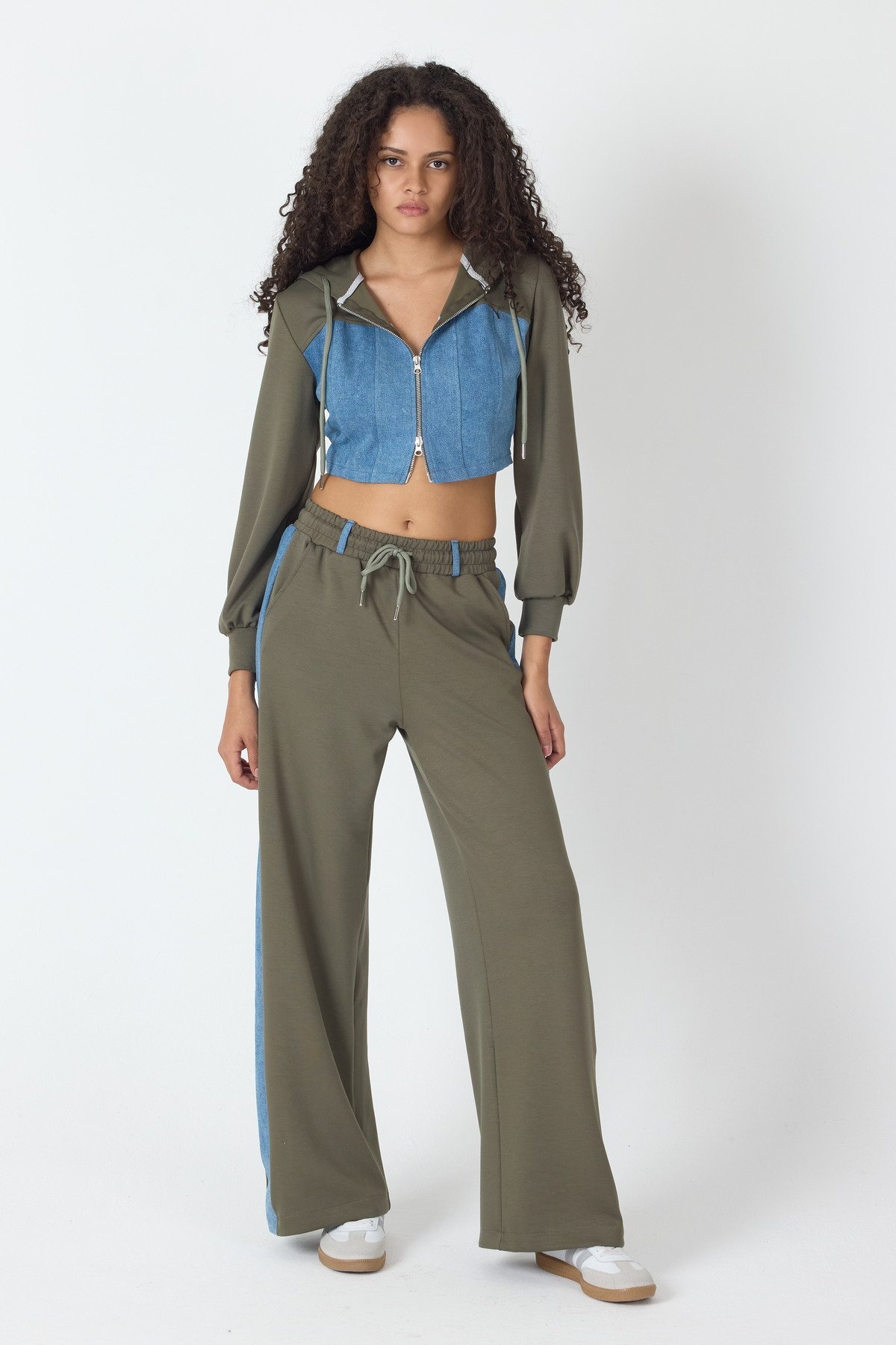 WhatsUp Denim Detaylı Kapşonlu Crop Eşofman Takım - Mavi-Yeşil