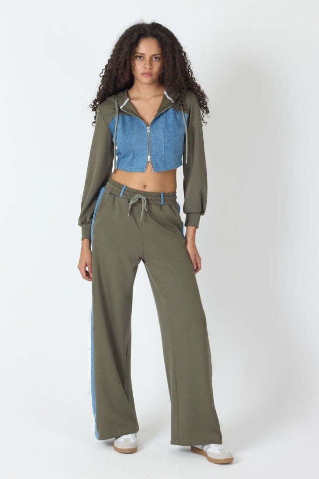 WhatsUp Denim Detaylı Kapşonlu Crop Eşofman Takım - Mavi-Yeşil