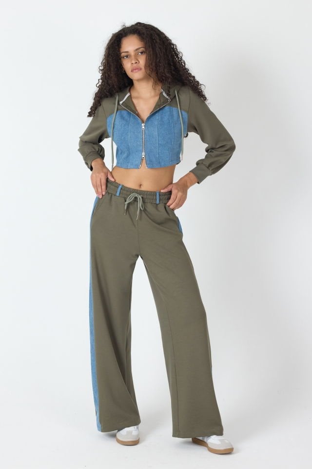 WhatsUp Denim Detaylı Kapşonlu Crop Eşofman Takım - Mavi-Yeşil