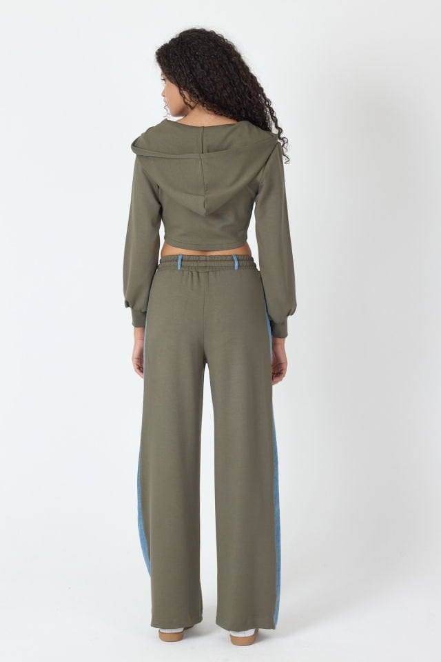 WhatsUp Denim Detaylı Kapşonlu Crop Eşofman Takım - Mavi-Yeşil