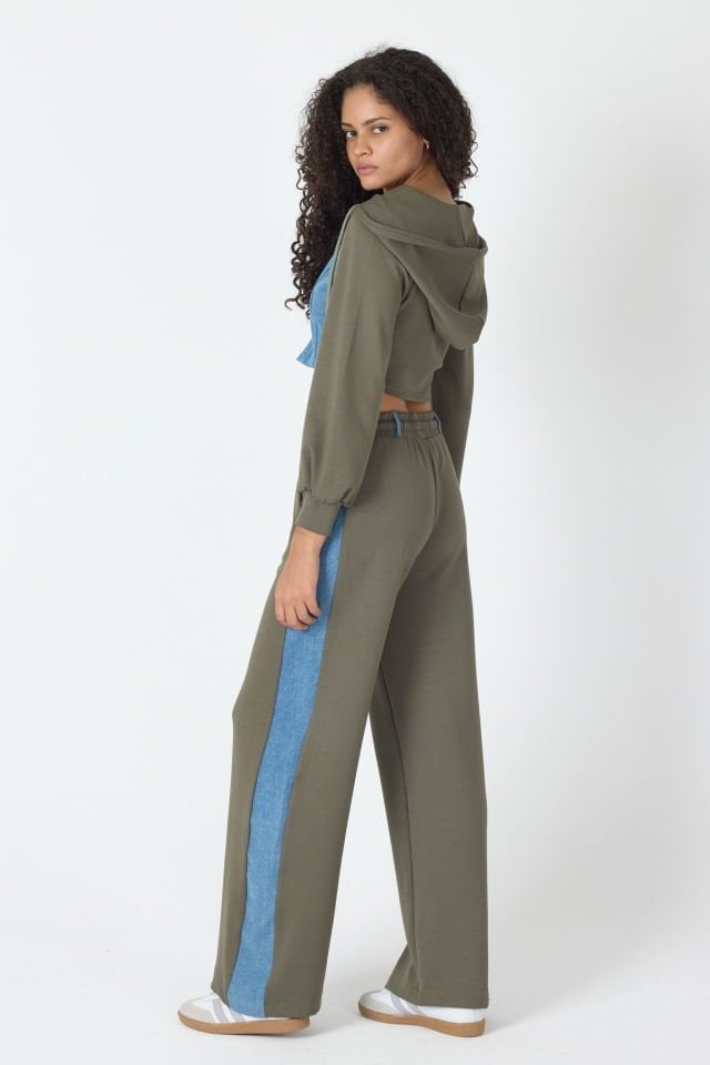 WhatsUp Denim Detaylı Kapşonlu Crop Eşofman Takım - Mavi-Yeşil