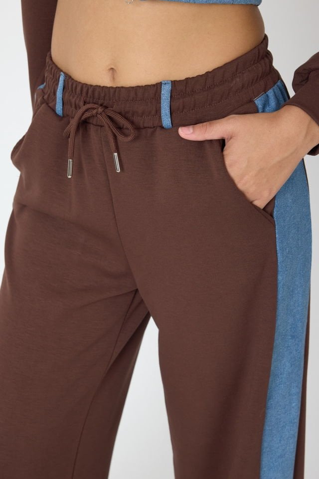 WhatsUp Denim Detaylı Kapşonlu Crop Eşofman Takım - Mavi-Kahverengi