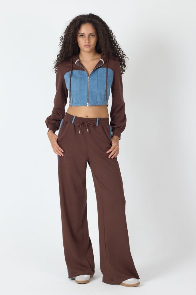 WhatsUp Denim Detaylı Kapşonlu Crop Eşofman Takım - Mavi-Kahverengi