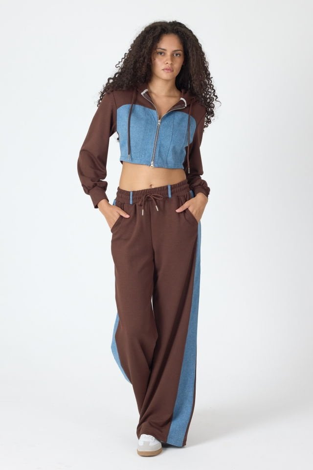 WhatsUp Denim Detaylı Kapşonlu Crop Eşofman Takım - Mavi-Kahverengi
