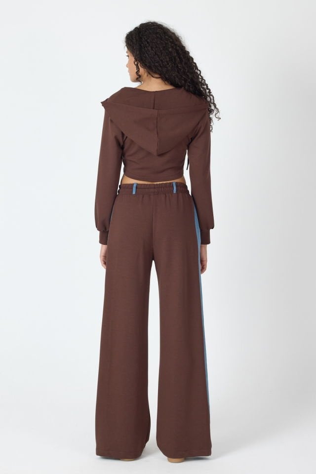 WhatsUp Denim Detaylı Kapşonlu Crop Eşofman Takım - Mavi-Kahverengi