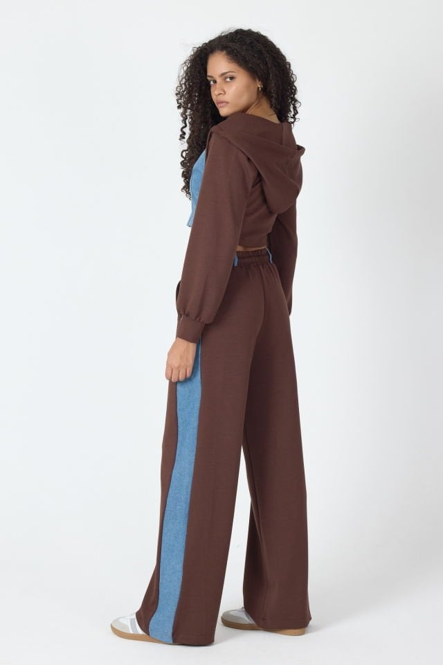 WhatsUp Denim Detaylı Kapşonlu Crop Eşofman Takım - Mavi-Kahverengi